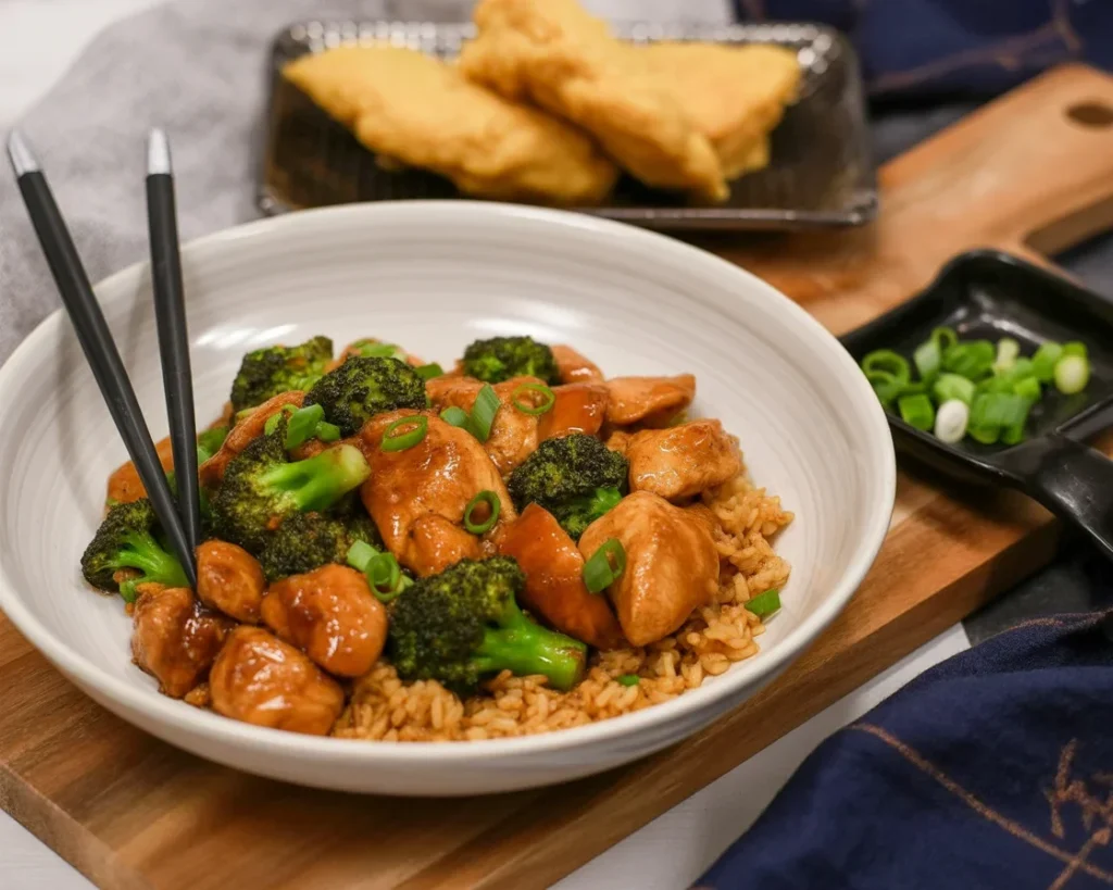 Delicious Chicken and Broccoli in Garlic Sauce served with garlic and broccoli florets.