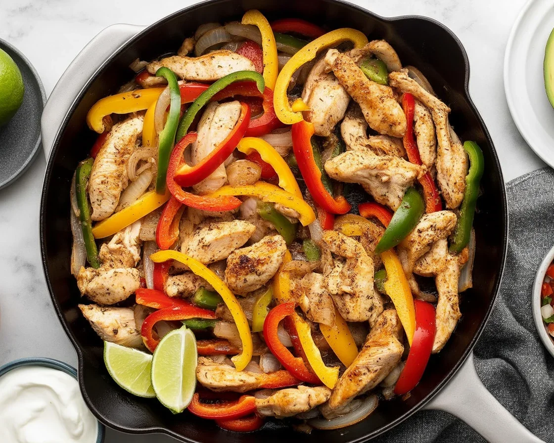 Delicious homemade chicken fajitas with seared chicken, peppers, and onions.