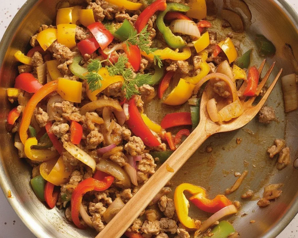 Quick ground turkey pepper skillet dinner with sautéed onions and bell peppers.