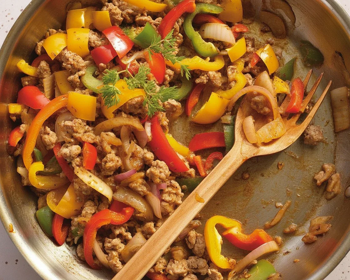 Quick ground turkey pepper skillet dinner with sautéed onions and bell peppers.