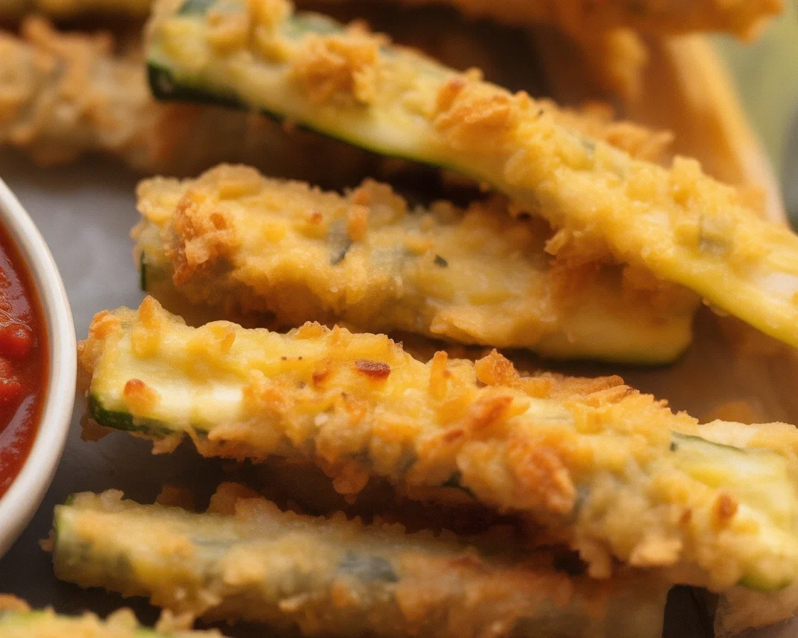 Crispy air fryer zucchini fries served with ranch dip.