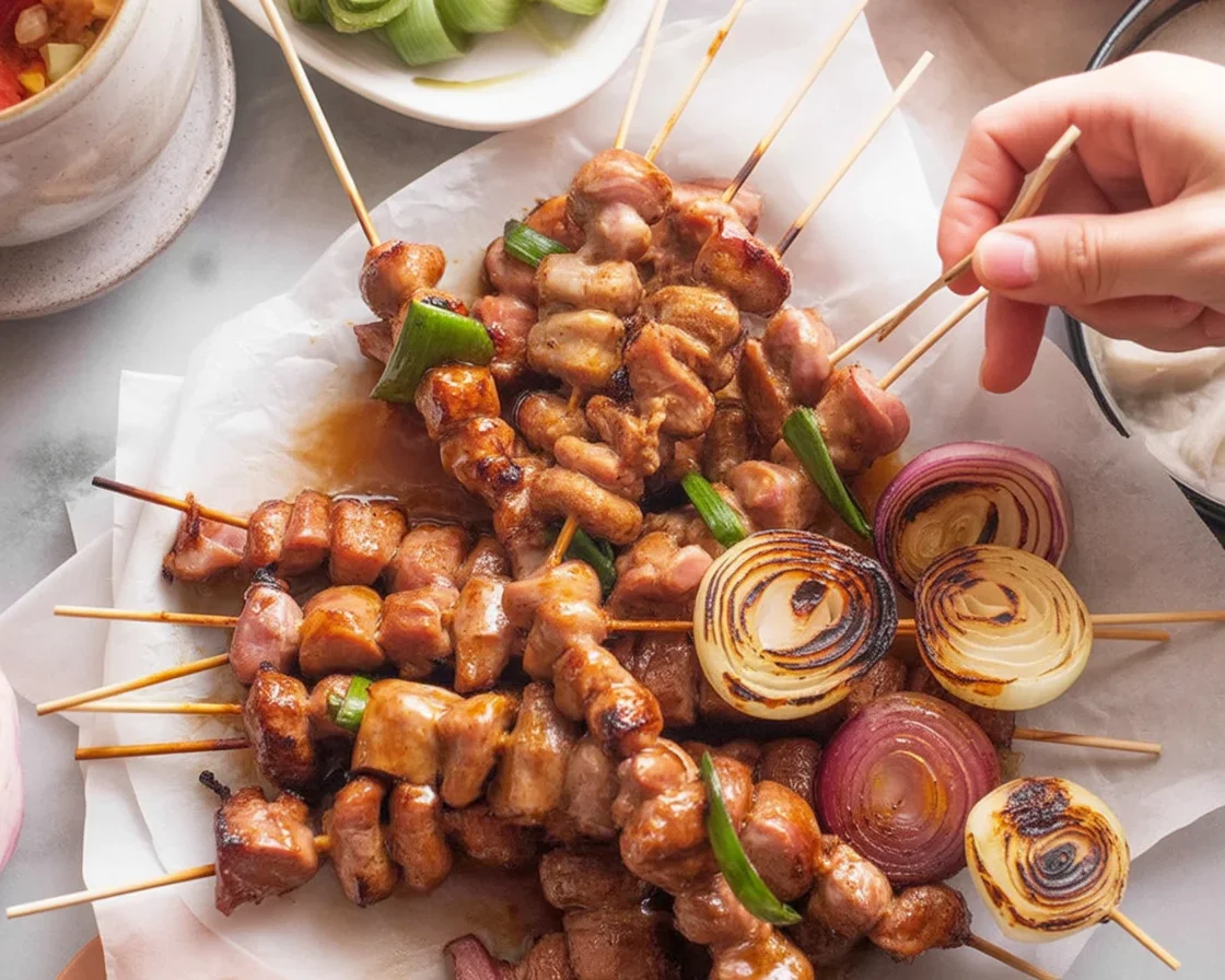 Delicious Japanese skewered chicken dish, yakitori, grilled to perfection.