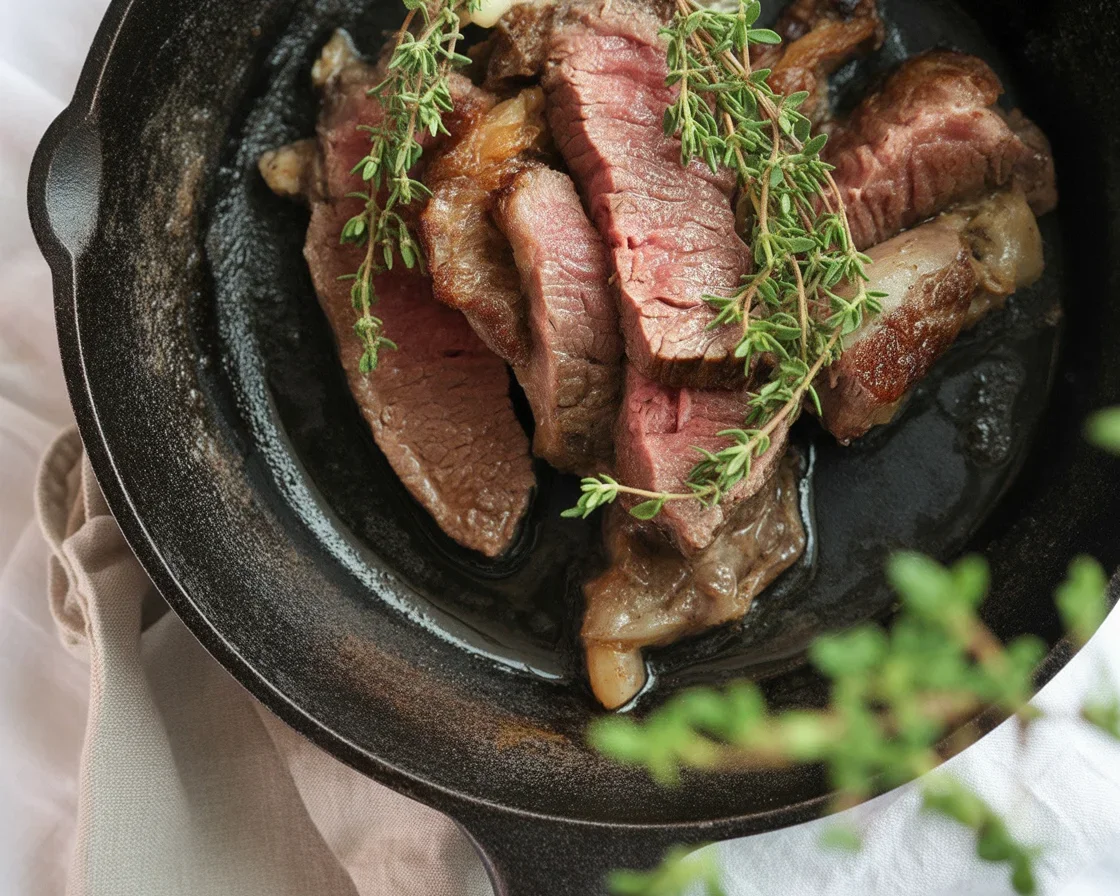 Perfectly cooked juicy steak on a plate with herbs and seasoning.
