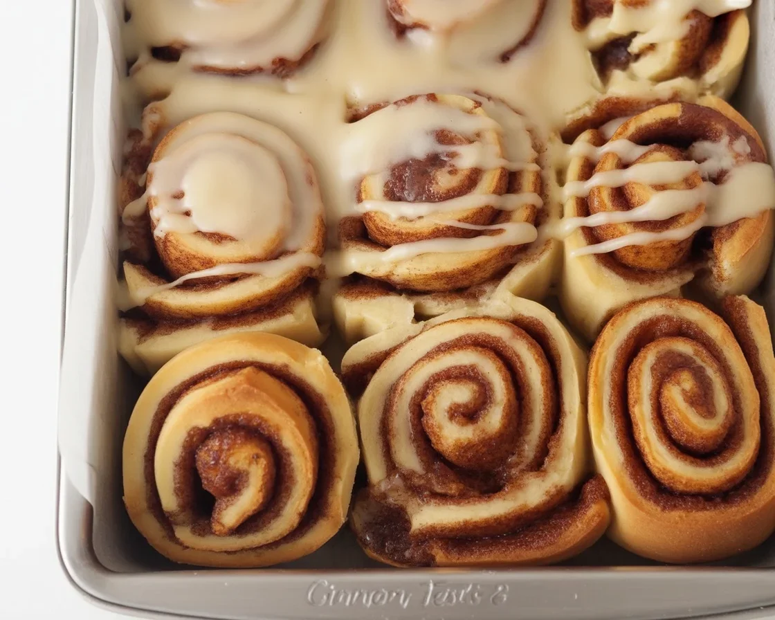 Delicious cinnamon roll topped with creamy icing made without cream cheese.