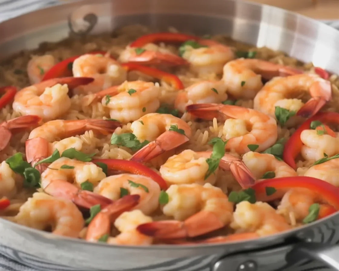Delicious easy homemade paella with chicken, shrimp, and chorizo in a vibrant skillet.