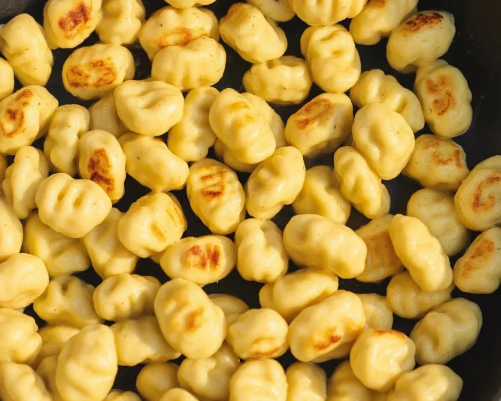 A plate of perfectly cooked gnocchi, sautéed in butter with herbs and spices.