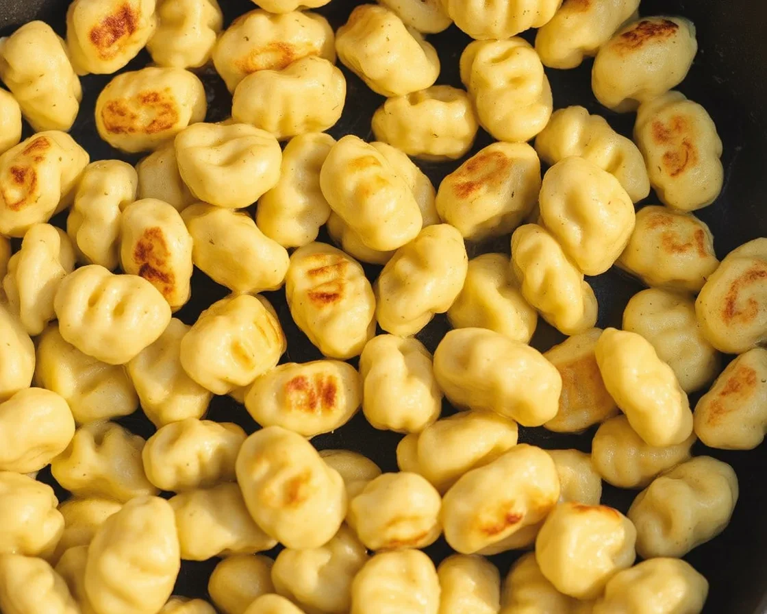 A plate of perfectly cooked gnocchi, sautéed in butter with herbs and spices.