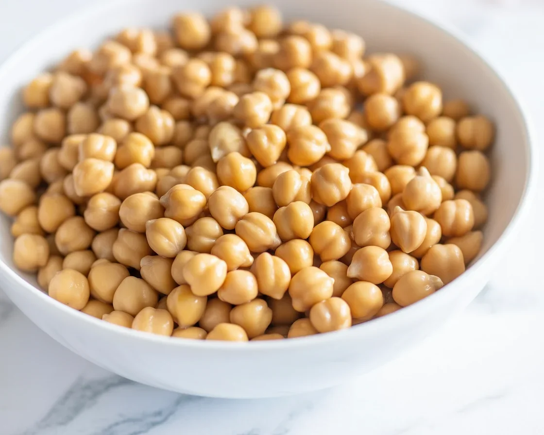 A bowl of perfectly cooked garbanzo beans on a wooden table.