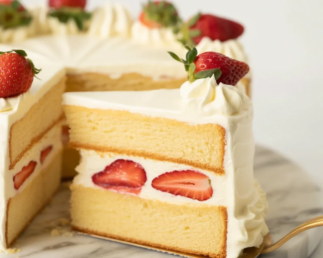 Fluffy vanilla sponge cake topped with fresh berries and cream, ideal for dessert.