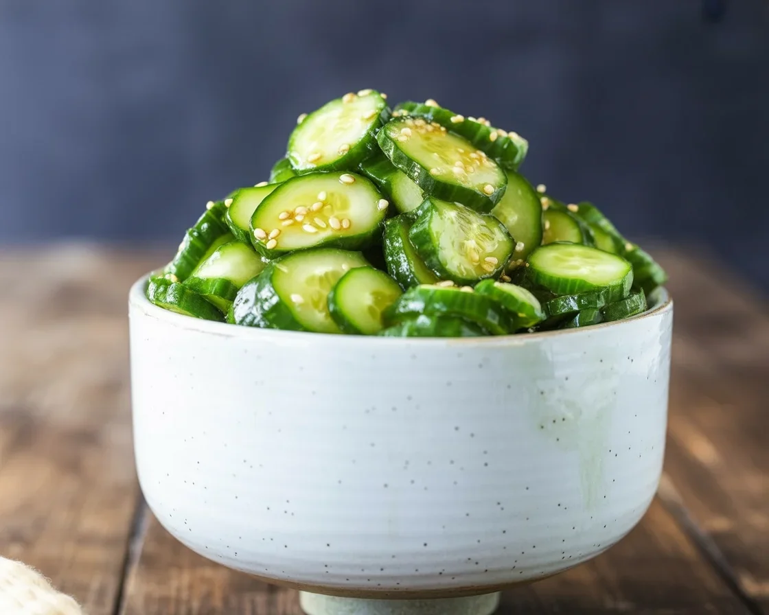 Ingredients of a refreshing cucumber salad with cucumbers, red onion, and dressing