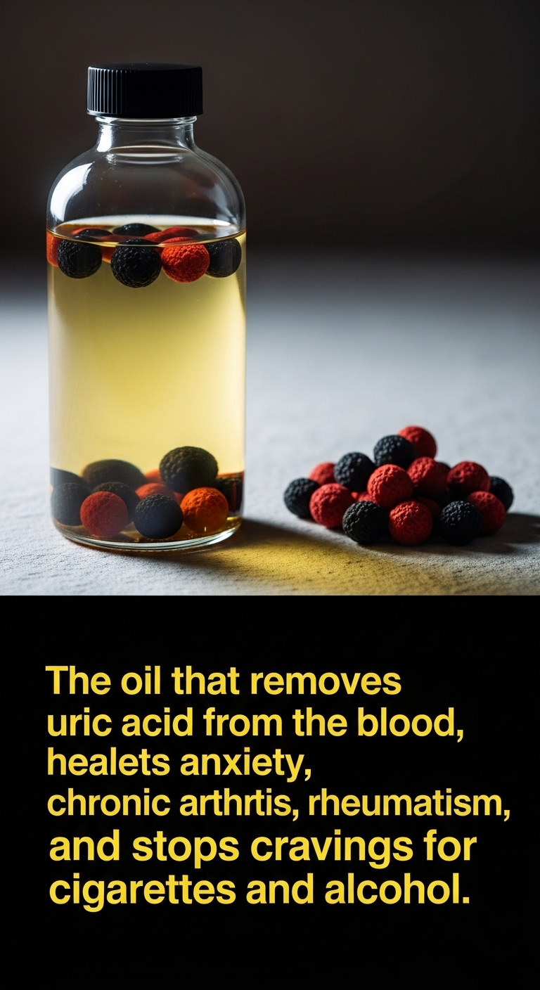 Bottle of uric acid oil promoting health benefits for arthritis, anxiety, and cravings.