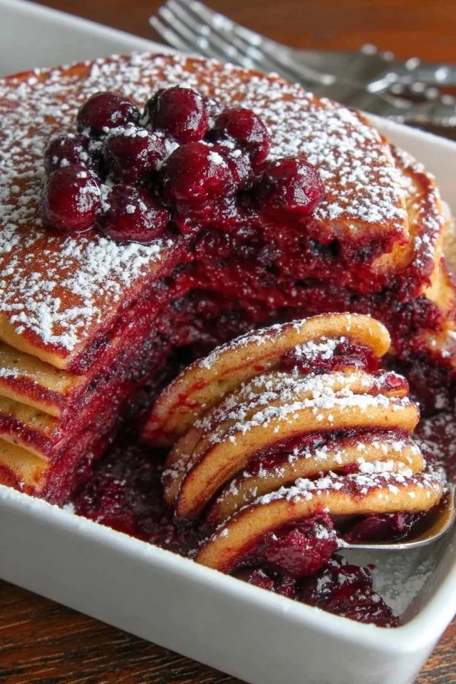 Delicious blueberry pancake casserole topped with fresh blueberries