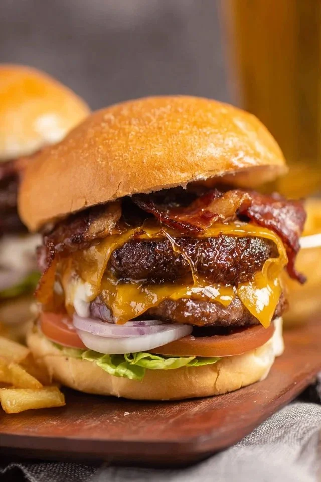 Delicious Bourbon Bacon Cheeseburger with crispy bacon and melted cheese.