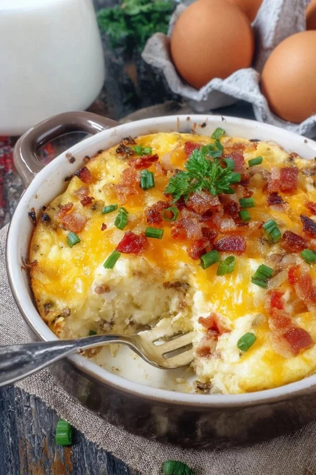 Delicious homemade breakfast casserole with eggs, cheese, and veggies.