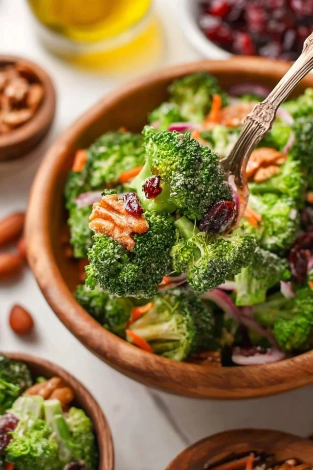 Fresh broccoli salad with colorful vegetables and dressing