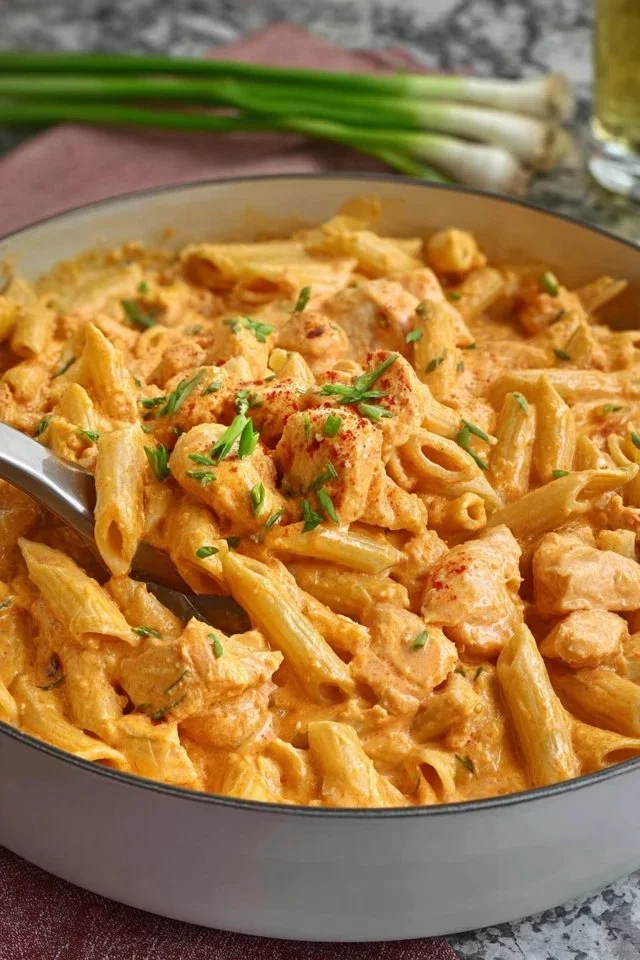 A delicious plate of creamy Buffalo Chicken Pasta topped with green onions