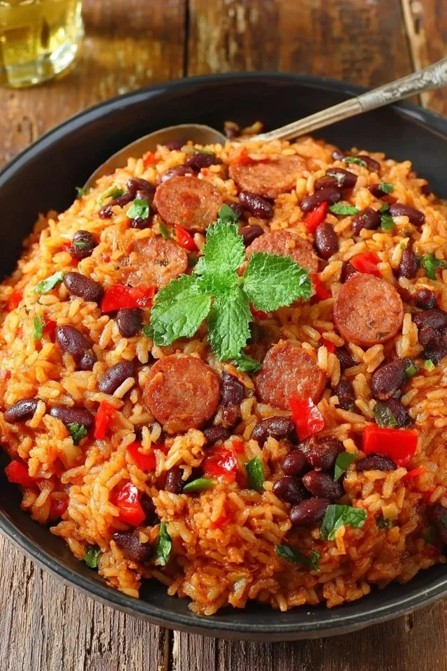A bowl of delicious Cajun Beans and Rice garnished with herbs and spices