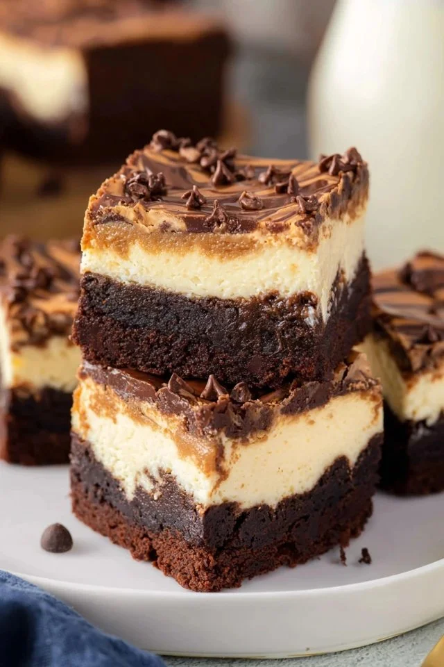 Delicious cheesecake brownies with creamy layers on top of rich chocolate brownie base
