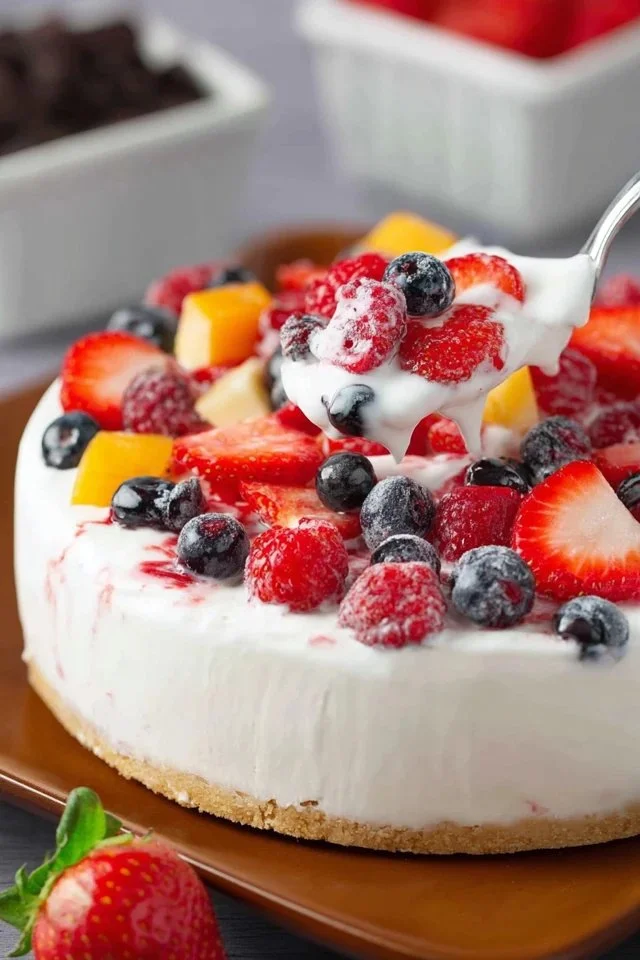 Delicious Cheesecake Fruit Salad with mixed fruits and creamy cheesecake topping