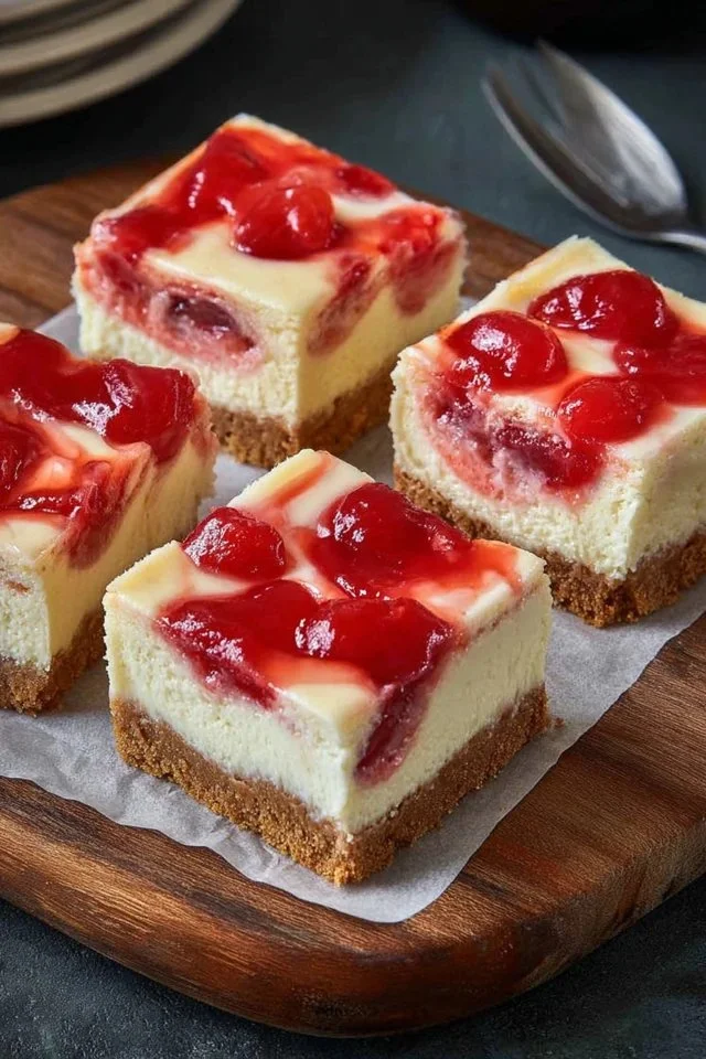 Delicious cherry cheesecake bars with creamy filling and cherry topping.