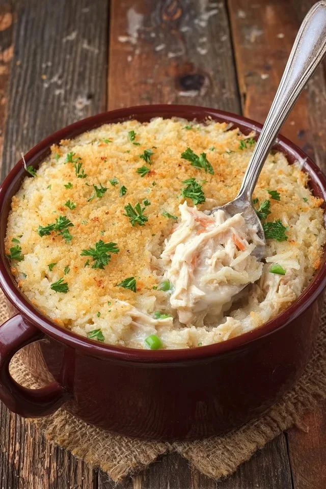 Delicious Chicken and Hash Brown Casserole served in a baking dish
