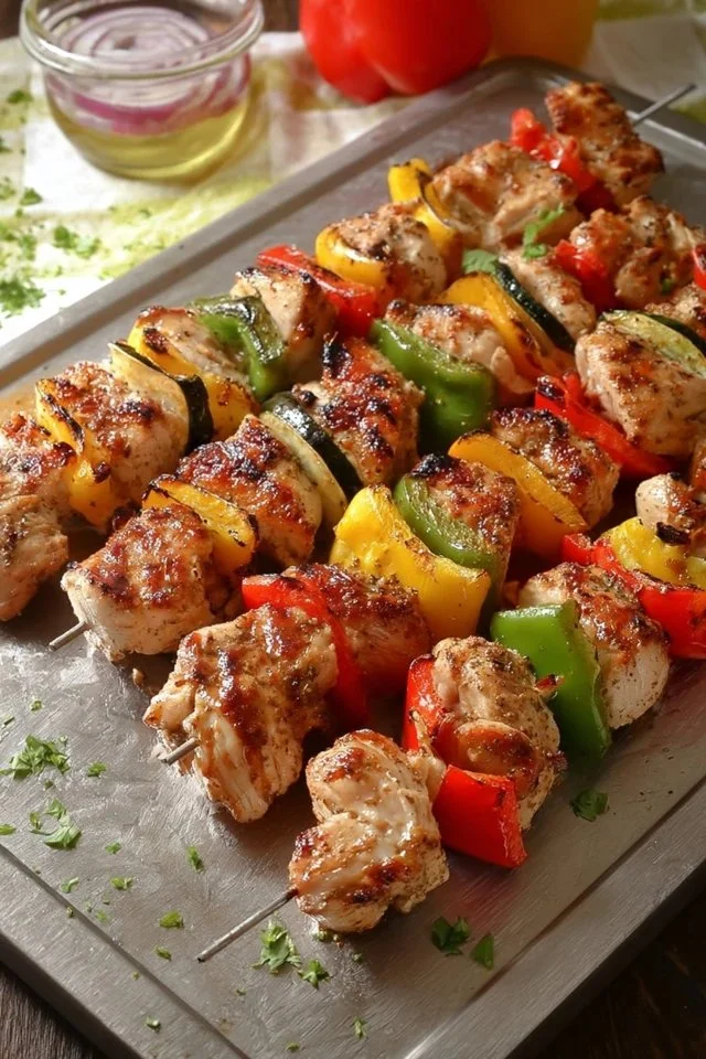 Delicious grilled Chicken Kebab Skewers on a plate with fresh vegetables
