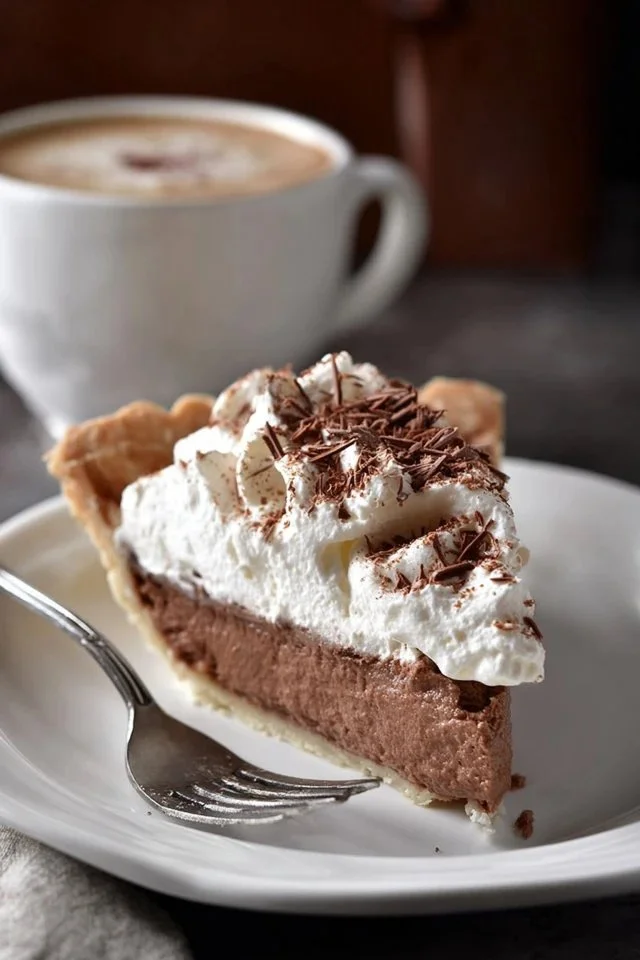 Delicious homemade Chocolate Cream Pie topped with whipped cream and chocolate shavings