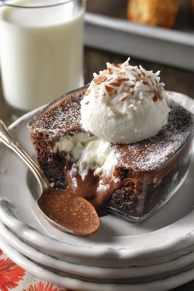 Decadent Chocolate Earthquake Cake with chocolate topping and creamy filling.