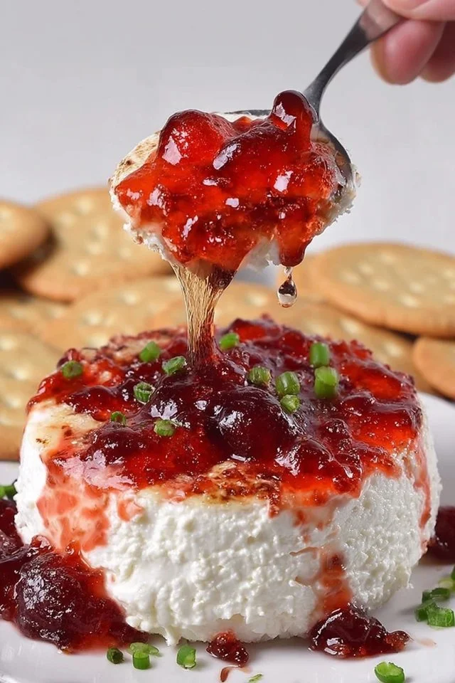 Cream Cheese Pepper Jelly Dip served in a bowl with crackers and peppers