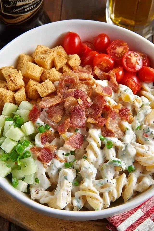 Creamy Bacon Ranch Pasta Salad with crispy bacon and fresh vegetables