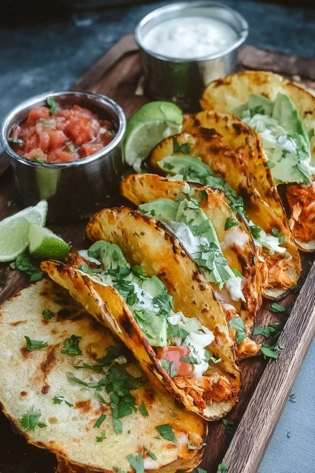 Delicious crispy chicken tacos topped with fresh ingredients