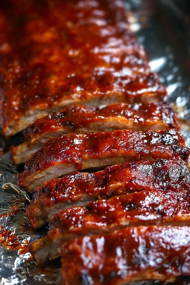 Delicious BBQ oven baked ribs ready to serve