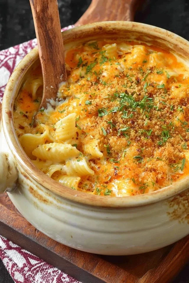 Five Cheese Mac and Cheese topped with breadcrumbs in a baking dish