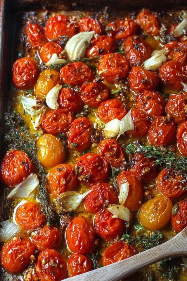Delicious garlic oven roasted cherry tomatoes on a baking dish