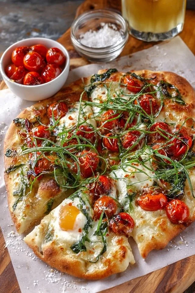 Garlic roasted tomato and spinach flatbread fresh out of the oven