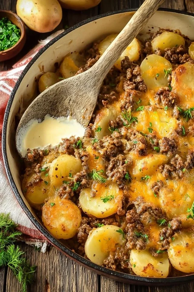 Delicious Hamburger Potato Casserole with ground beef and creamy potatoes