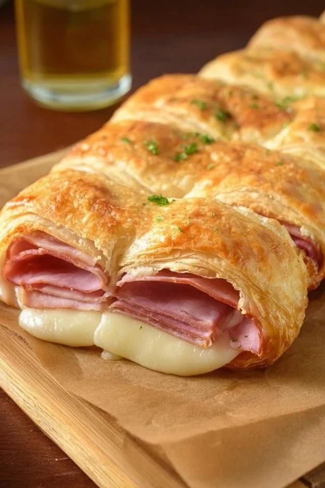 Hot ham and cheese crescent roll sandwiches on a plate
