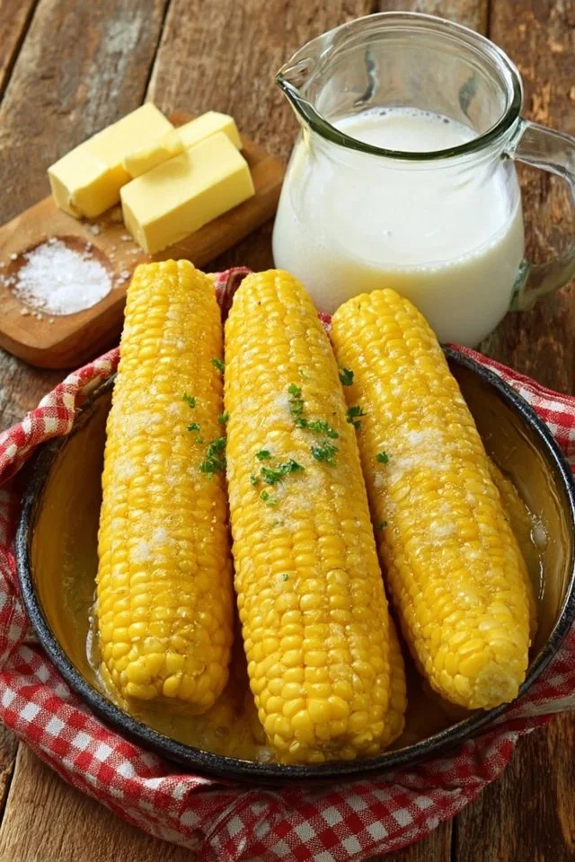 Milk boiled corn on the cob served on a plate with butter and seasonings.