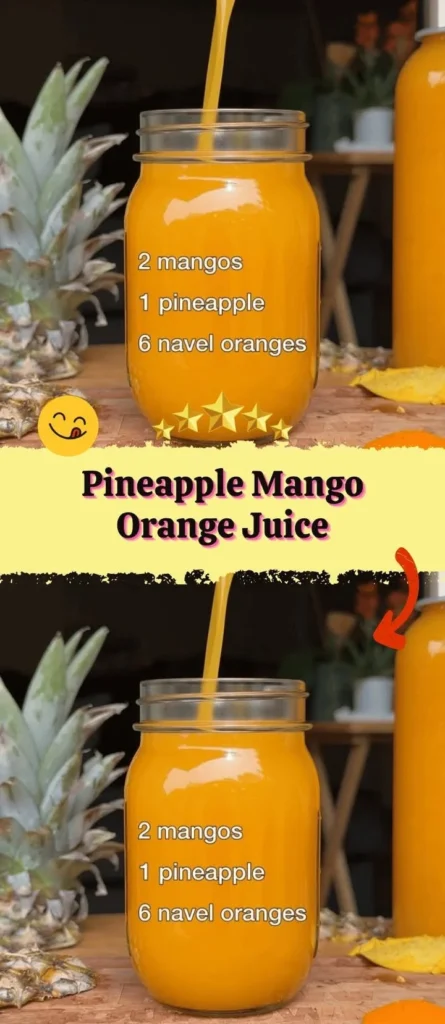 Freshly squeezed Pineapple Mango Orange Juice served in a glass with fruit garnishes.