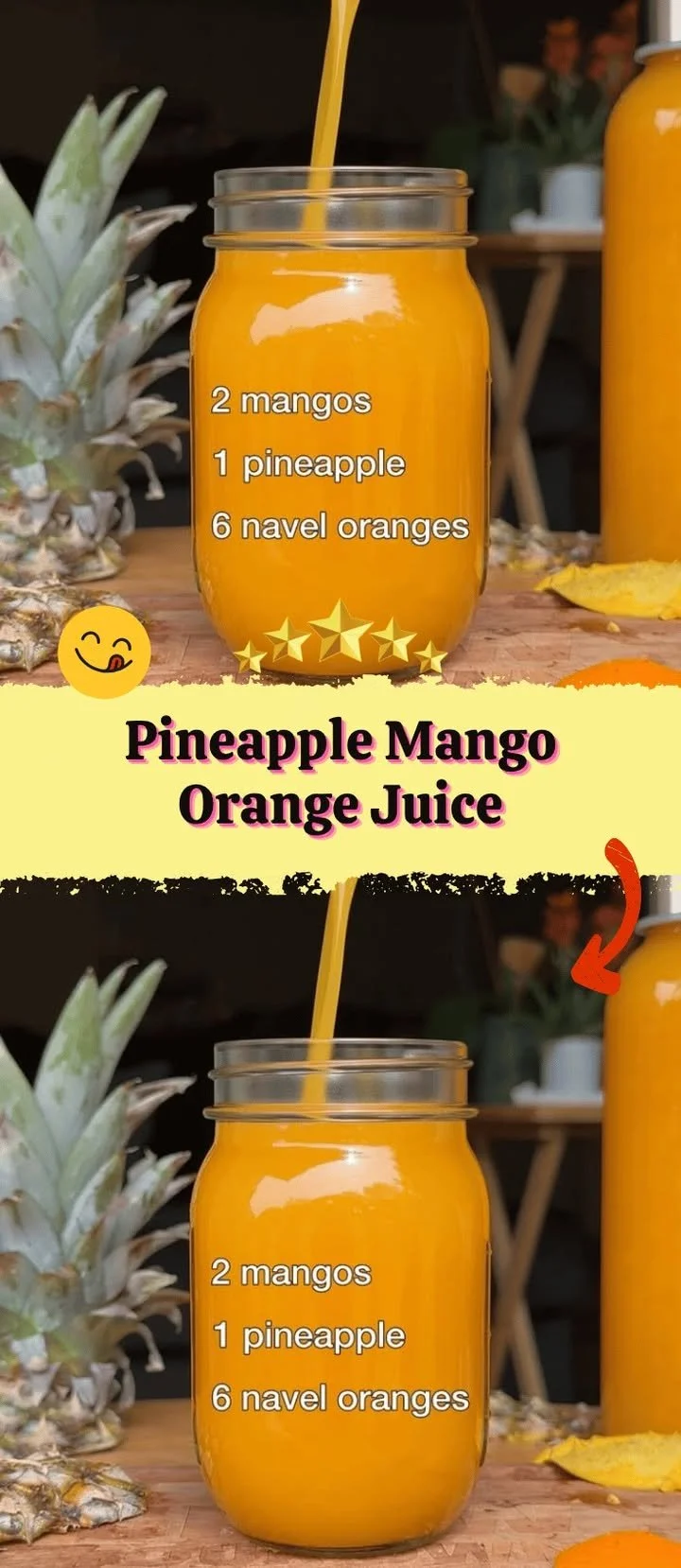 Freshly squeezed Pineapple Mango Orange Juice served in a glass with fruit garnishes.
