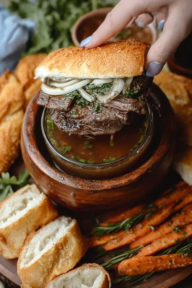 Delicious Slow Cooker French Dip Sandwich served with au jus for dipping
