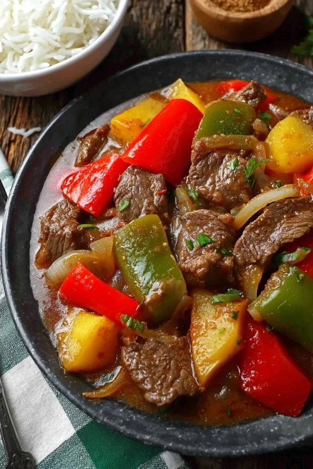Delicious slow-cooked pepper steak served with colorful bell peppers