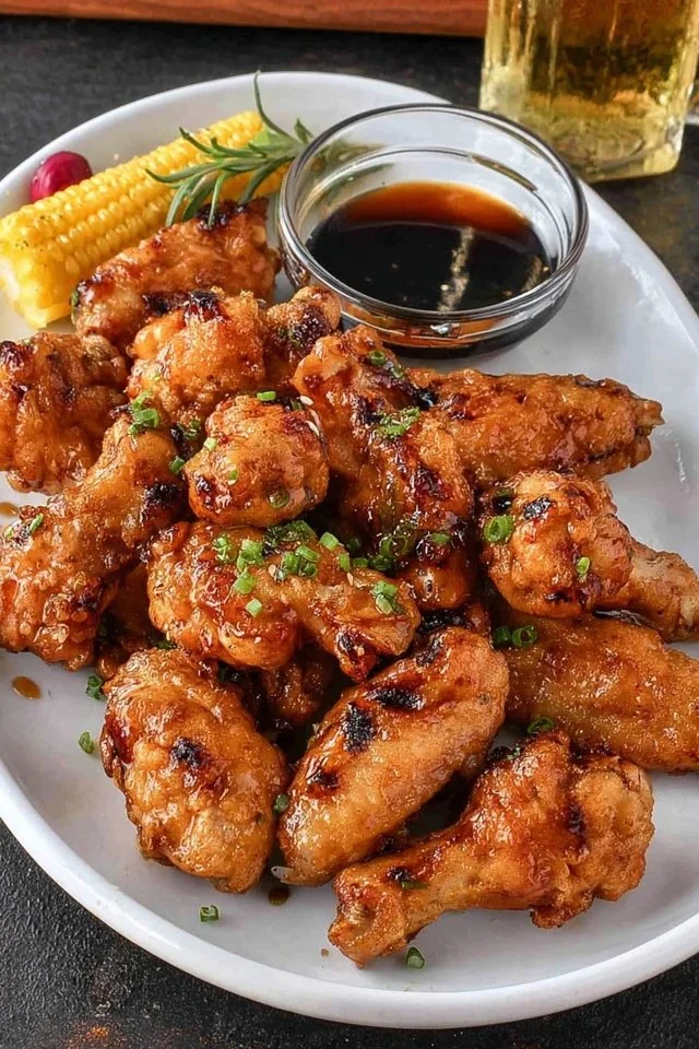 Delicious soy garlic chicken wings garnished with sesame seeds and green onions