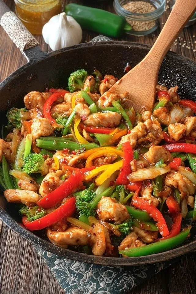 Spicy Chicken Stir Fry with colorful vegetables in a skillet