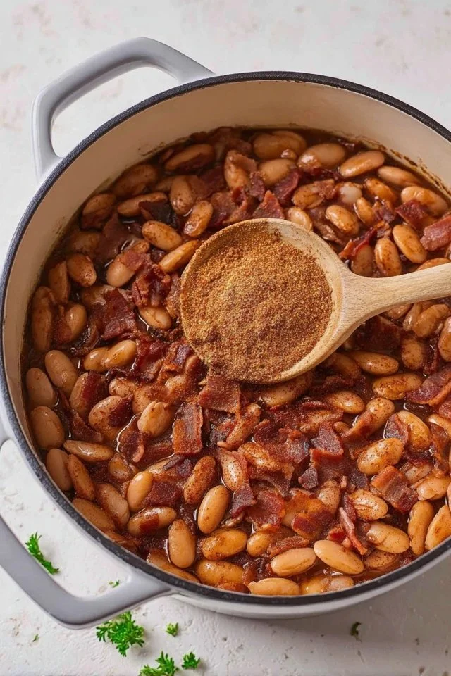 Delicious plate of sweet and spicy baked beans garnished with herbs.