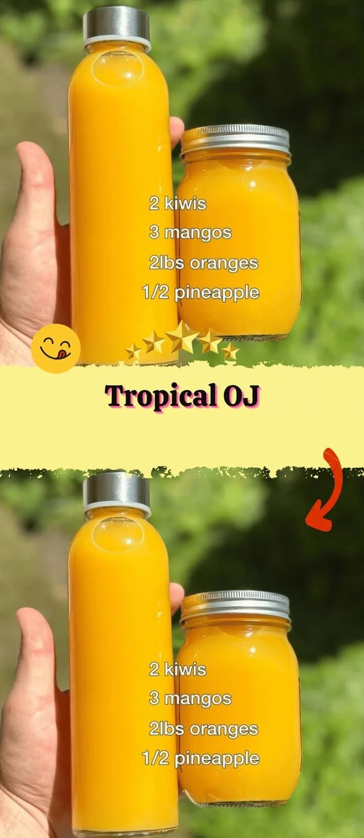 Refreshing glass of Tropical OJ with tropical fruit garnishes